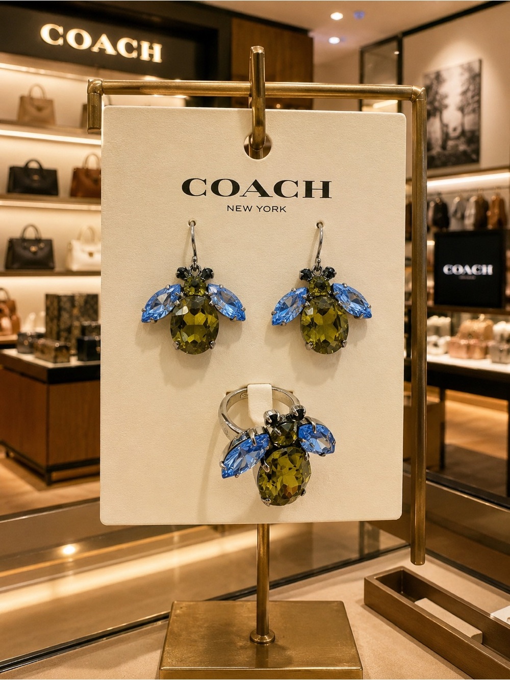 COACH RARE Olive Green and Bright Blue Crystal Bee Earrings & Ring Set